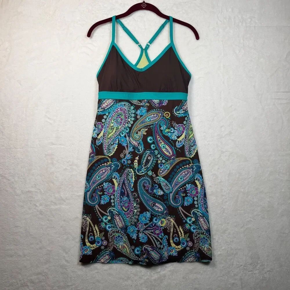 Athleta Racerback Dress M Paisley Brown Blue Built In Bra Adjustable Straps